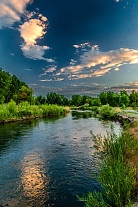 Body of Water and Green Field Under Blue Sky Photo thumbnail