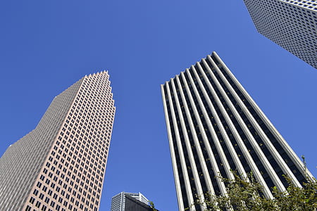 bottom view of concrete buildings under blue sky thumbnail