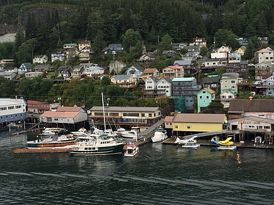 aerial photography of boats parked on water beside houses thumbnail