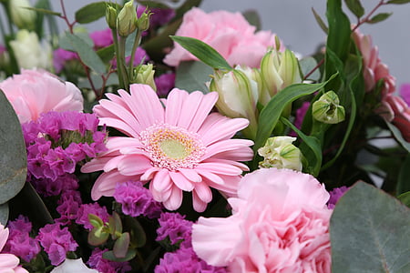 pink daisies, purple statice, and pink carnations bouquet close-up photo thumbnail