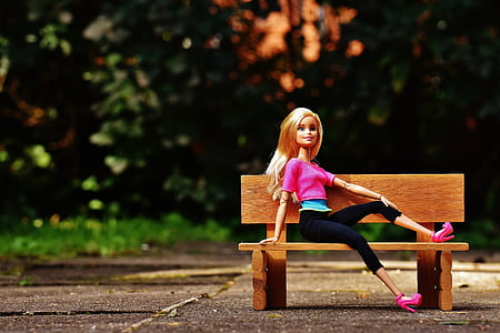 Barbie doll sitting on brown wooden bench thumbnail