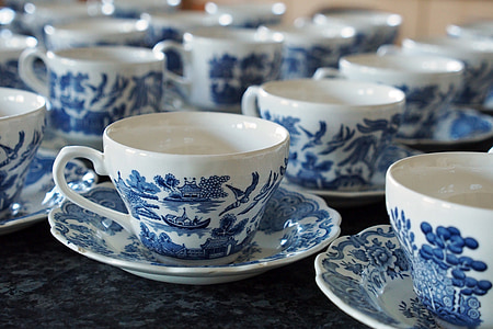 blue and white ceramic cup and saucers set thumbnail