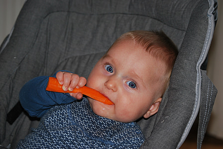 baby in car seat carrier biting carrot thumbnail