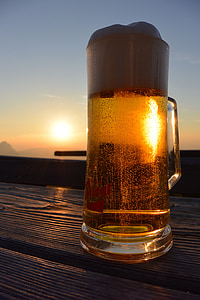 beer filled glass mug on brown wooden panel thumbnail