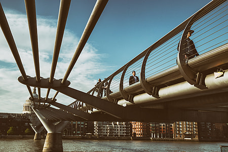 Wide angle shot of the Millennium Bridge on the Southbank in London. The bridge opened in the year 2000 and is between Southwark Bridge and Blackfriars Railway Bridge thumbnail