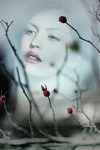woman in red lipstick and bare tree photo thumbnail