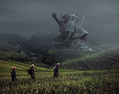three person walking in rice paddy at daytime thumbnail