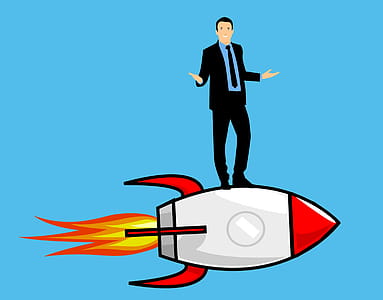 Man standing on a rocket holding a flag after great achievement. thumbnail