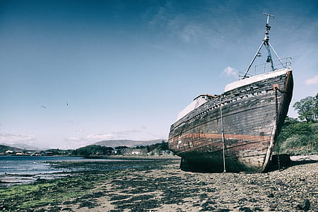 black and brown sailing ship on seashore thumbnail