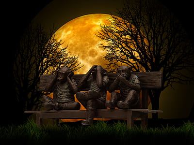 three wise monkeys sitting on brown bench thumbnail