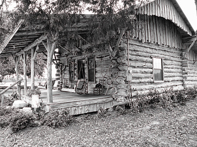 grayscale photo of log house thumbnail