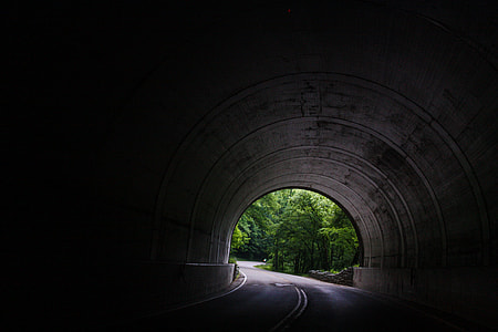 empty gray concrete road tunnel near trees at daytime thumbnail
