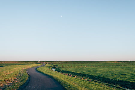 empty road between green grass field under white sky thumbnail