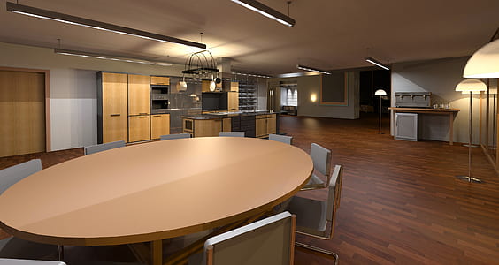oval brown wooden table with chair on brown wooden floor inside the room thumbnail