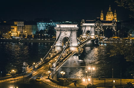 brown bridge near buildings during nighttime thumbnail
