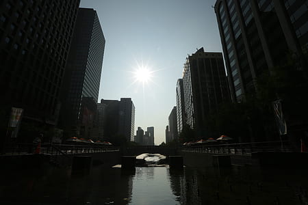 body of water in the middle of concrete buildings during daytime thumbnail