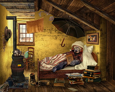 digital wallpaper of bear lying on bed thumbnail