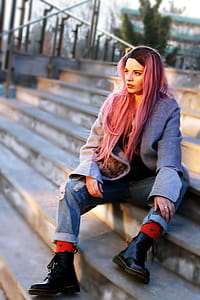 Woman With Pink Long Hair Sitting thumbnail