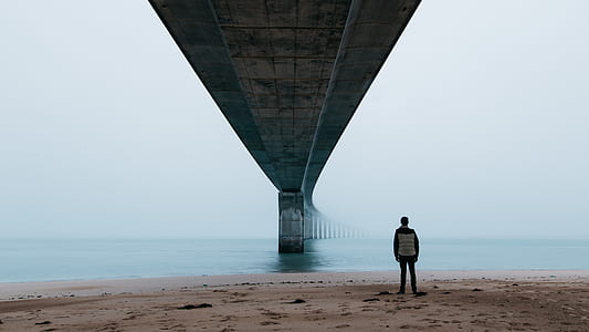 man on brown shore under bridge thumbnail