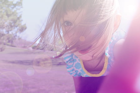 Girl's in Yellow and Blue Floral Shirt Taking Photo thumbnail