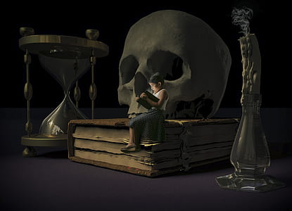 boy reading book beside big skull illustration thumbnail