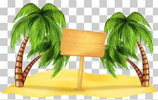 Beach Summer , Transparent Beach Palm Decoration , wooden board signage between coconut trees PNG clipart
