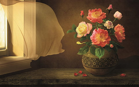 pink and white petaled flowers in a vase near window painting thumbnail