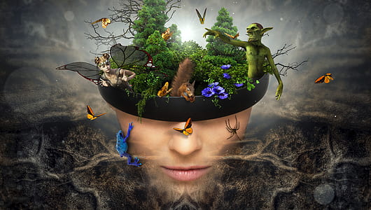persons face vase with green leaf tree inside 3D wallpaper thumbnail