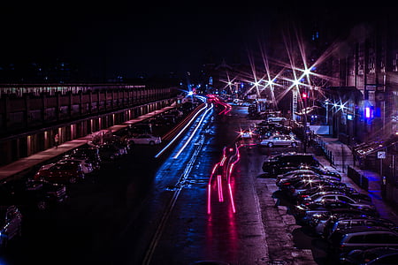 vehicles, parked, front, commercial, buildings, city thumbnail
