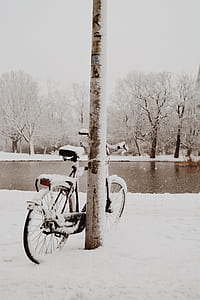 photography of parked commuter bike beside wooden pole during winter season thumbnail