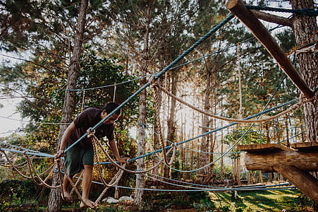 man in black top on rope relay bridge thumbnail