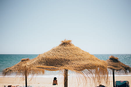 Dry grass beach shades with relaxing tourist thumbnail