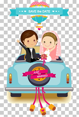 Wedding invitation Cartoon Bridegroom, Cartoon wedding car background material, bride and groom illustration PNG clipart