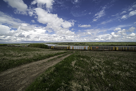 Train under the clouds and sky in Saskatchewan thumbnail