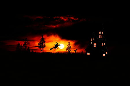 photography of silhoutte of building and witch riding broom during golden hour poster thumbnail