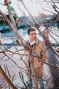 selective focus photography of man wearing gray trench coat in front of withered tree thumbnail