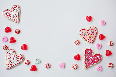 Overhead shot of love hearts and Valentine’s Day treats thumbnail