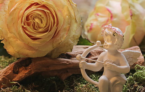 close-up photography of cherub holding arrow figurine beside yellow rose flower thumbnail