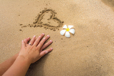 man and woman's hand on white sand with carved heart beside white and yellow plumeria flower thumbnail