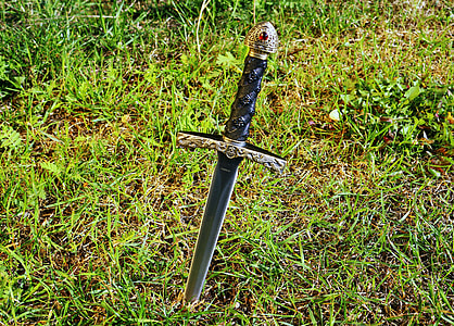 black handle sword on grass field thumbnail