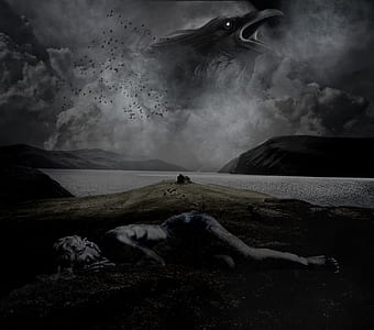gray and black bird wit hbody of water painting thumbnail