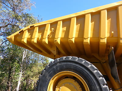 yellow haul truck parked next to tall trees thumbnail