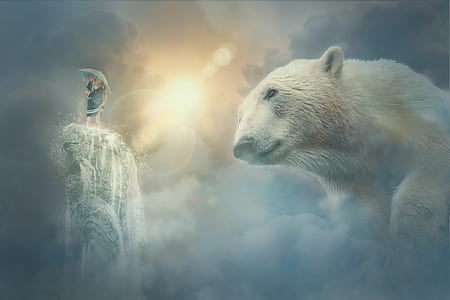bear and girl holding umbrella wallpaper thumbnail
