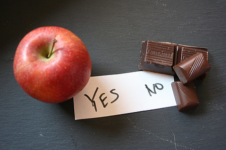 paper in between apple and chocolate with yes and no handwritten text thumbnail