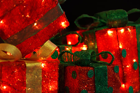 five red and green lightened gift boxes thumbnail