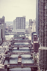 gray suspension bridges surrounded by high-rise buildings thumbnail