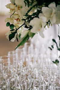 clear drinking glass lot under white roses and orchids thumbnail