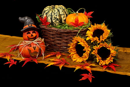 pumpkin on brown basket beside three sunflowers thumbnail