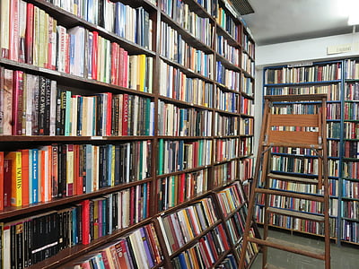 book lot on shelves near ladder thumbnail