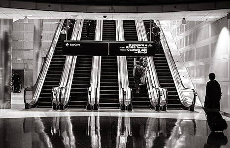 greyscale photo of transportation terminal escalators thumbnail